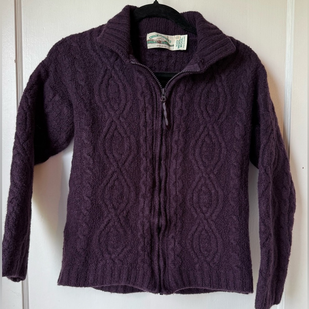 Vintage 90’s Aran Crafts Wool dark Purple zip up Sweater made in Ireland EUC S